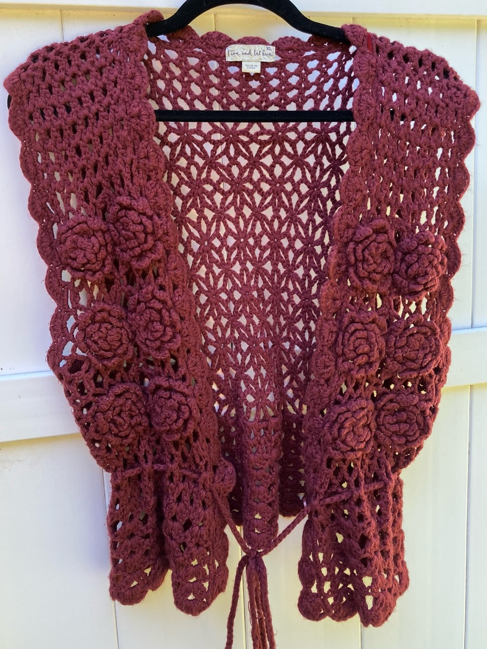 Live and Let Live crochet vest in Autumn Maroon